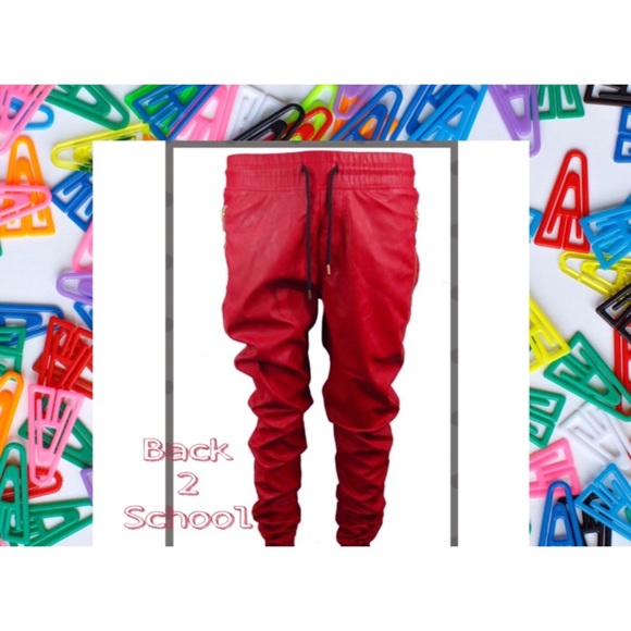 mens red faux leather pants